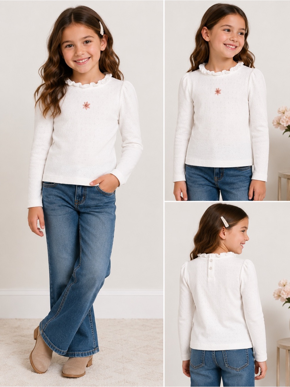 Little Lass Cream Ruffle-Neck Long Sleeve Top with Star Embroidery